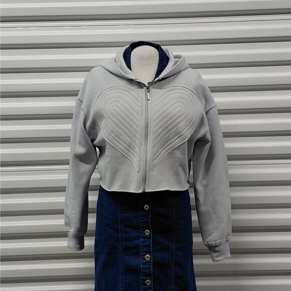 SELF E Womens Jacket Size XS Gray Y2K Cropped Hoodie Full Zip Quilted Heart NWT - Picture 3 of 10
